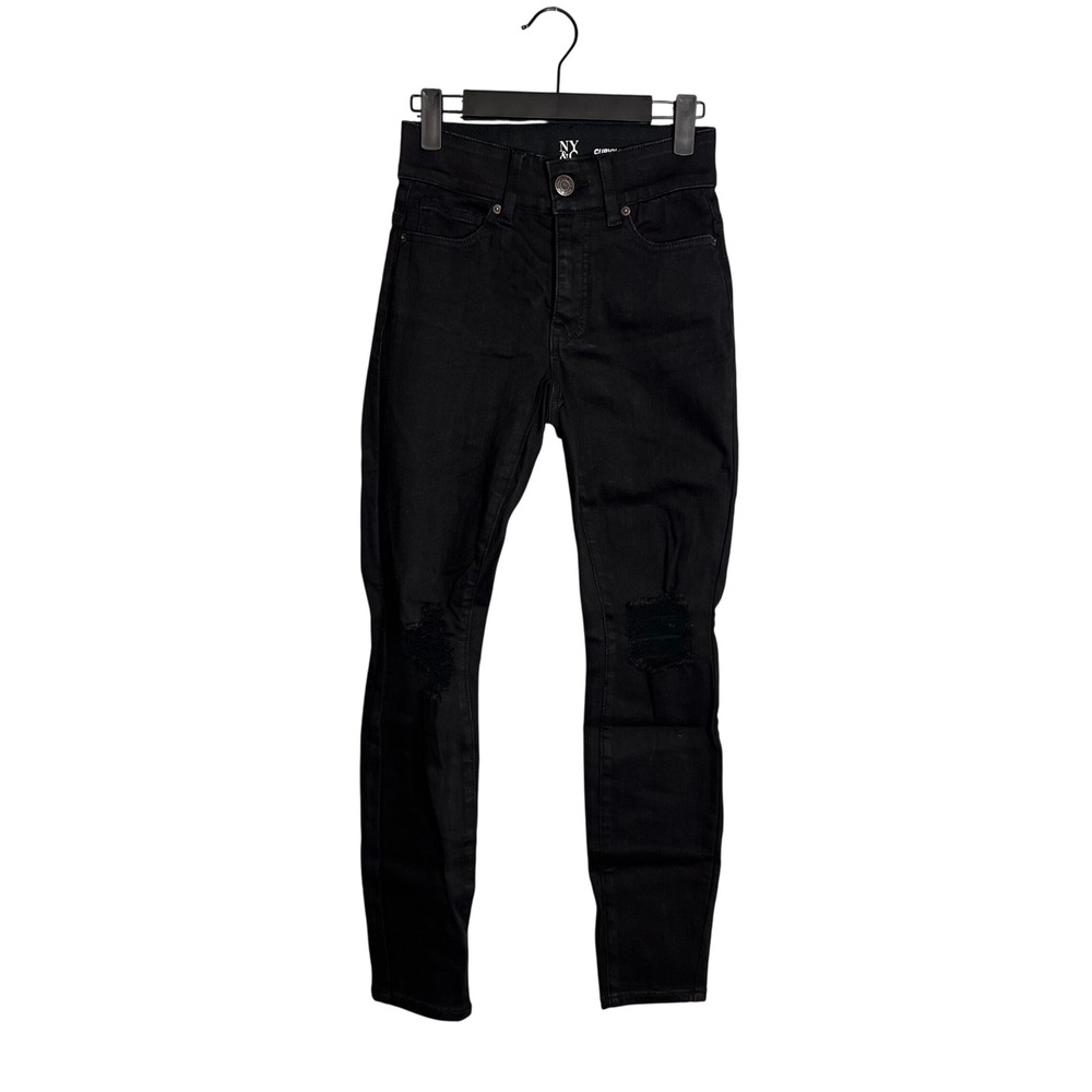 NY&Co Curvy Sculpting Skinny Jeans Size 0 Black Distressed Ripped Knee NWT‎